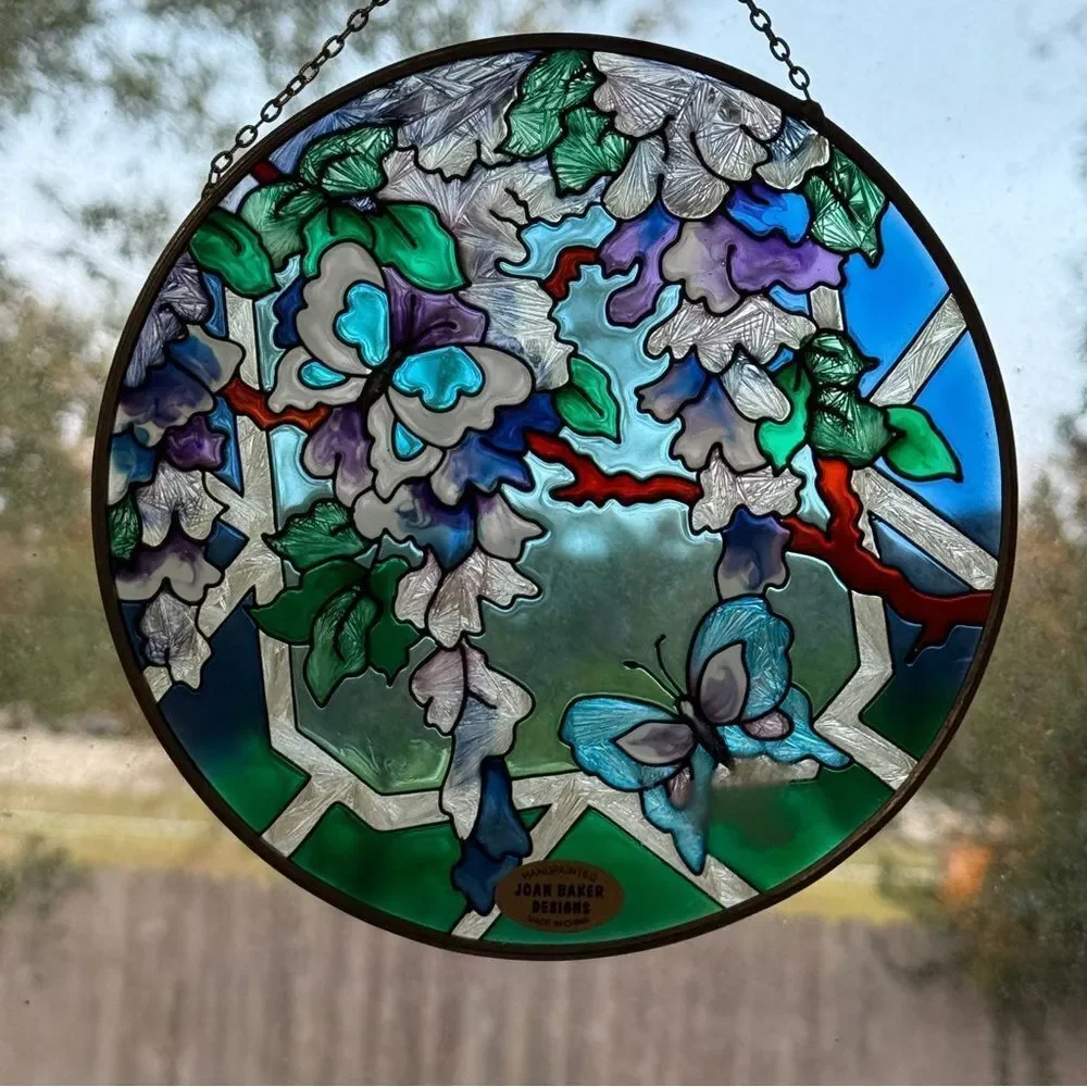 NIB Joan Baker Designs Hand Painted Stained Glass Suncatcher Butterfly Flowers